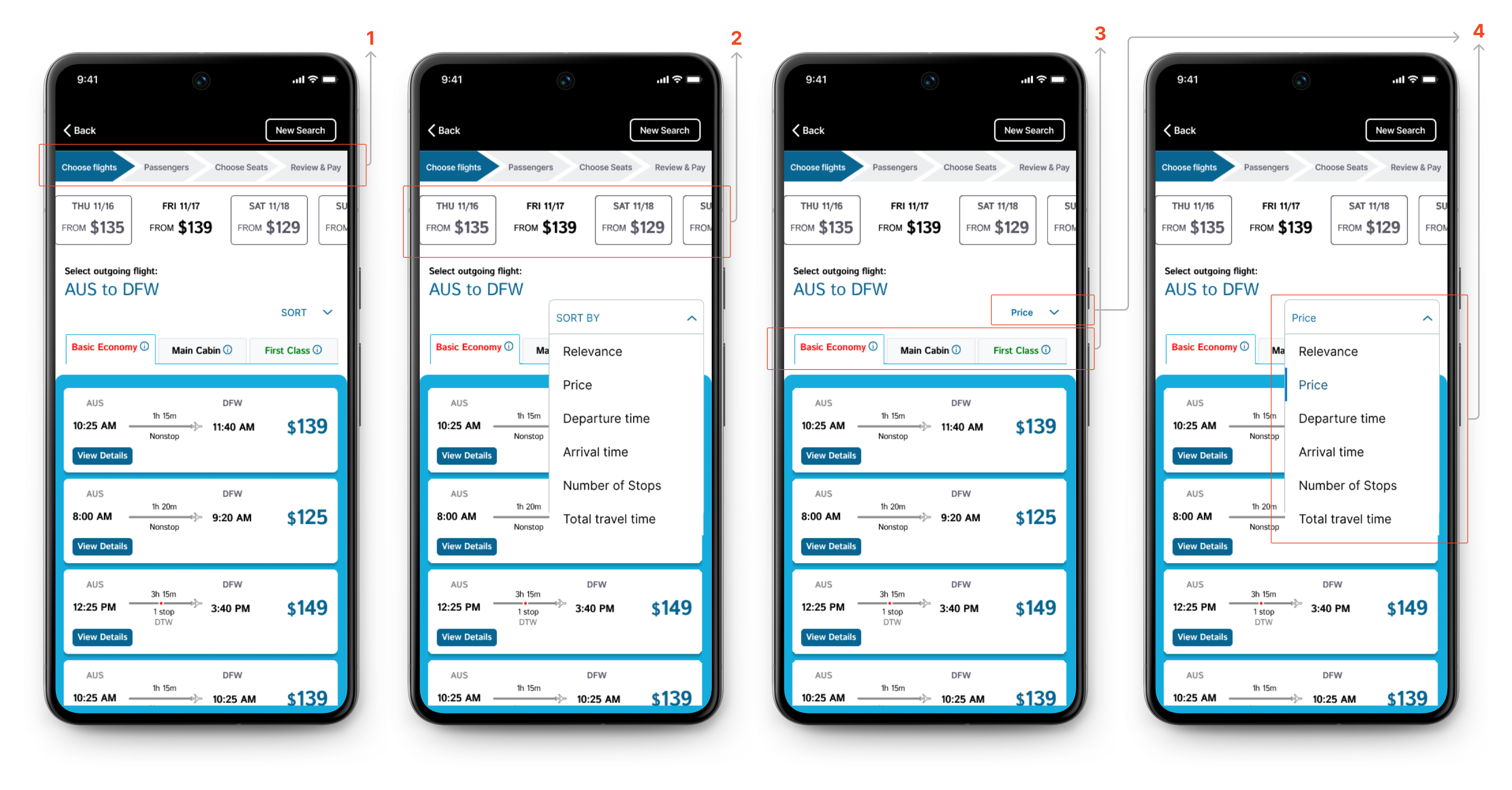 Prototype of a user choosing a flight